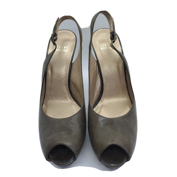 Sturart Weitzman Leather Heels Womens Sz 8.5 Peep Top Platform Slingback Green - Picture 1 of 10